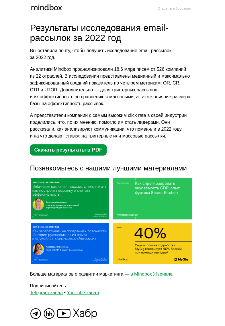 Письмо компании «Mindbox» на тему «Исследование рассылок за 2022 год»