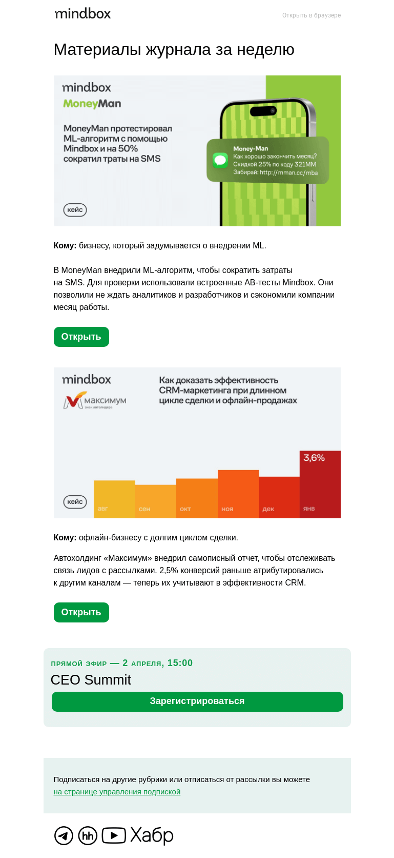 Письмо компании «Mindbox» на тему «−50% расходы на SMS c ML-алгоритмом Mindbox — кейс MoneyMan»