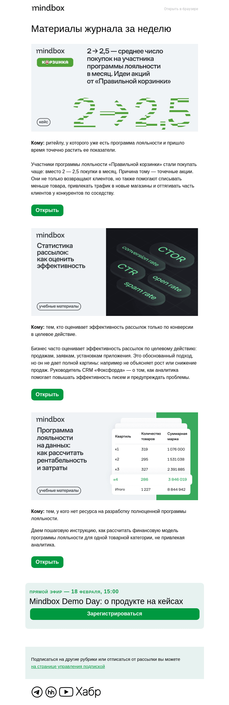 Письмо компании «Mindbox» на тему «2 → 2,5 частота покупок «Правильной корзинки» в месяц — идеи точечных акций»