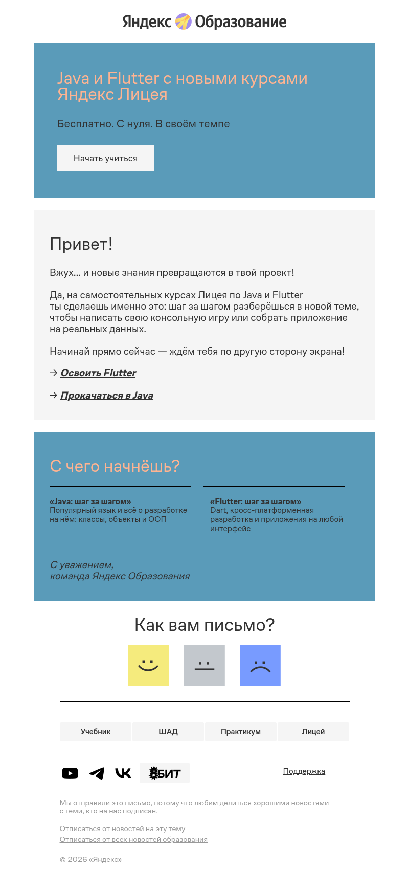 Письмо компании «Яндекс Образование» на тему «Flutter или Java в портфолио?»