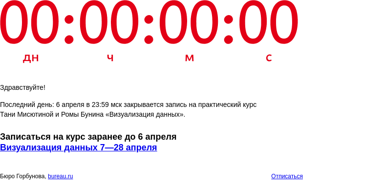Письмо компании «Бюро Горбунова» на тему «Последний день: 6 апреля в 23:59 мск закрывается запись на практический курс Тани Мисютиной и Ромы Бунина «Визуализация данных»»