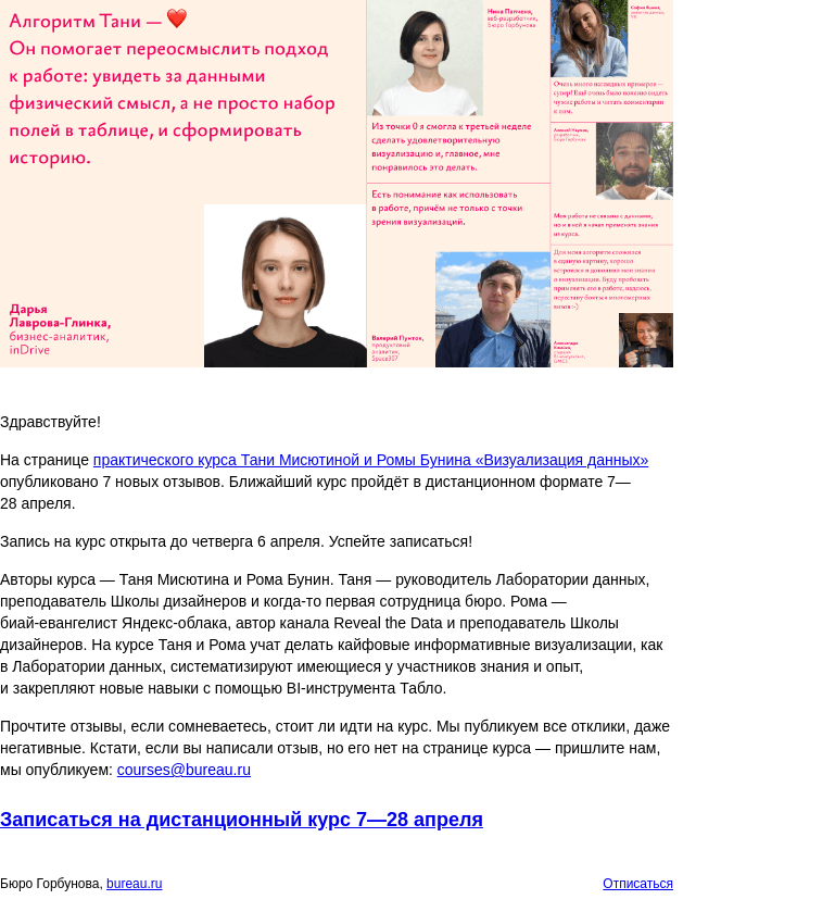 Письмо компании «Бюро Горбунова» на тему «Опубликованы новые отзывы на практический курс Тани Мисютиной и Ромы Бунина «Визуализация данных» — запись на курс открыта до 6 апреля»