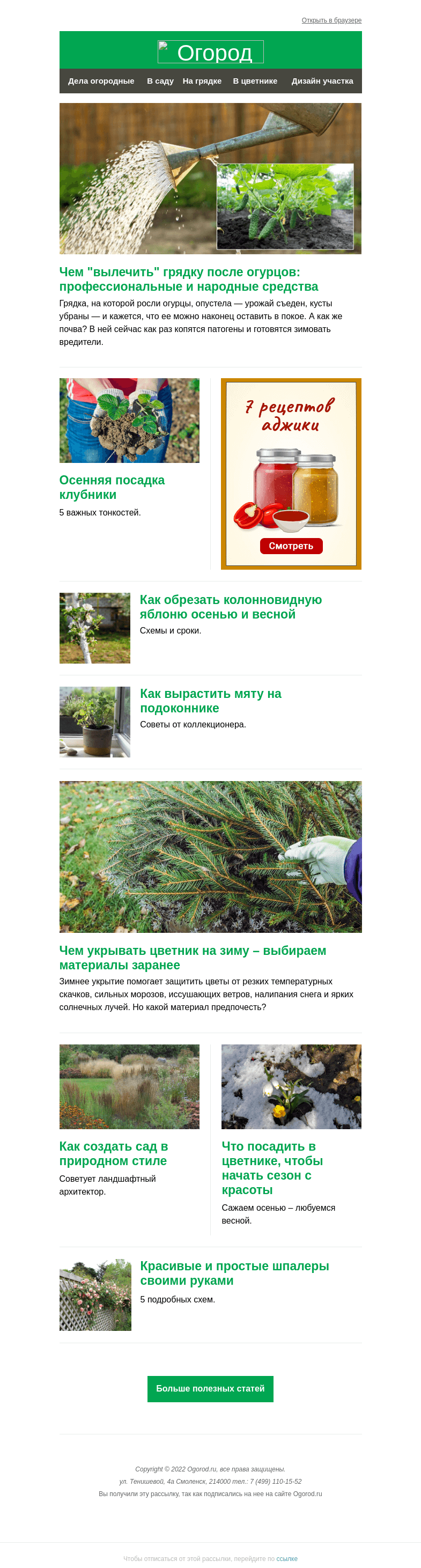 Письмо компании «Огород.ru» на тему «На Огород.ru: чем вылечить грядку после огурцов и укрыть цветник на зиму»
