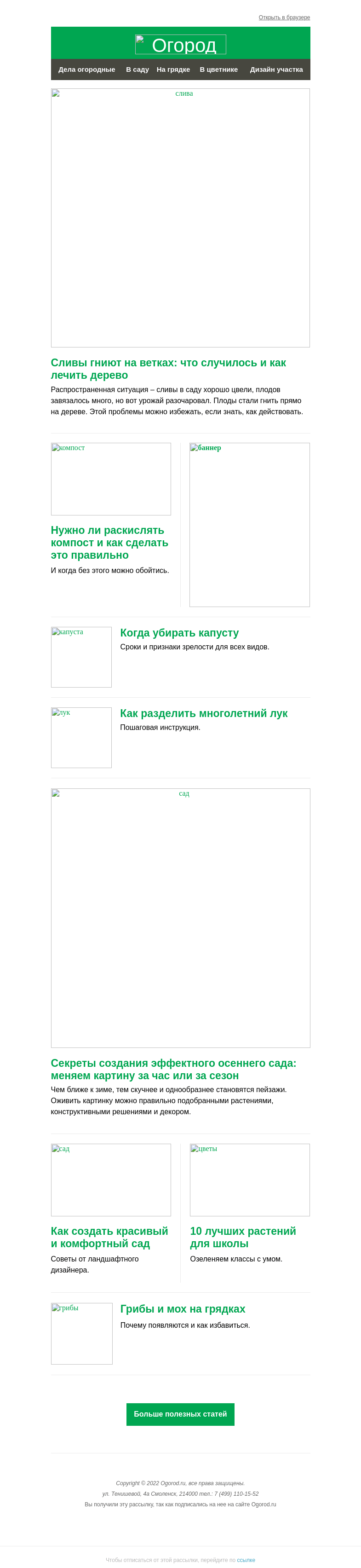 Письмо компании «Огород.ru» на тему «На Огород.ru: почему сливы гниют на ветках и нужно ли раскислять компост»