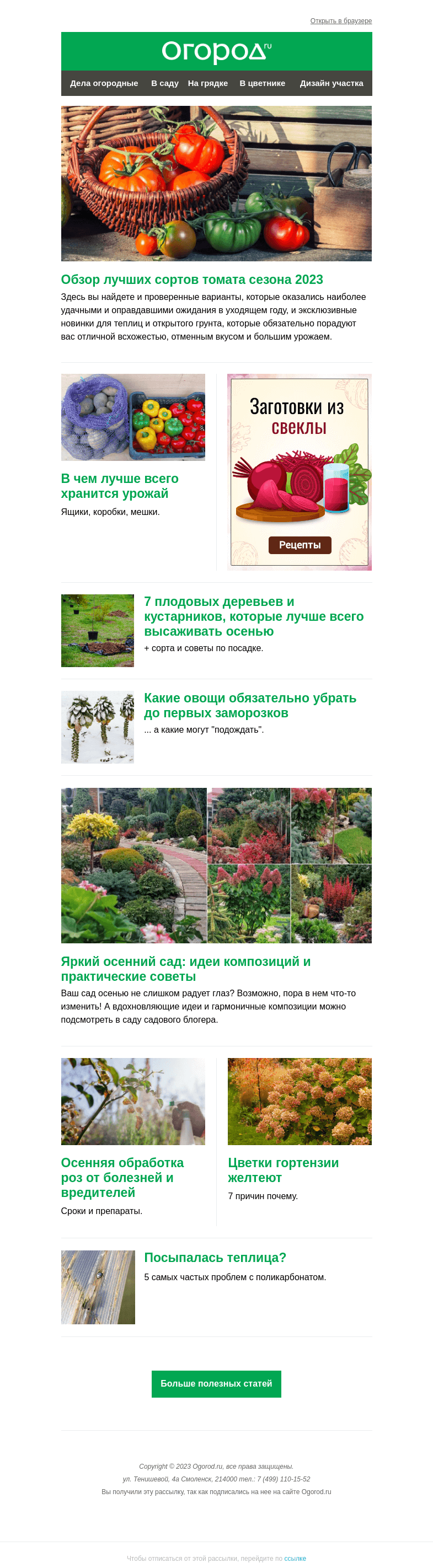 Письмо компании «Огород.ru» на тему «На Огород.ru: лучшие сорта томатов и обработка роз от болезней осенью»