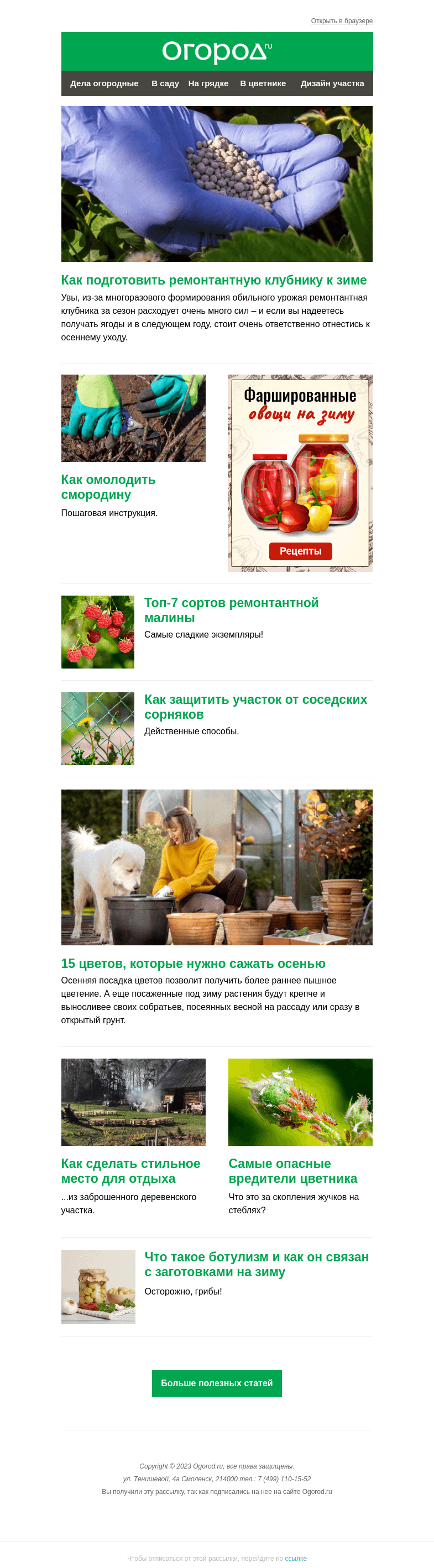 Письмо компании «Огород.ru» на тему «На Огород.ru: какие цветы сажать осенью и самые сладкие сорта малины»