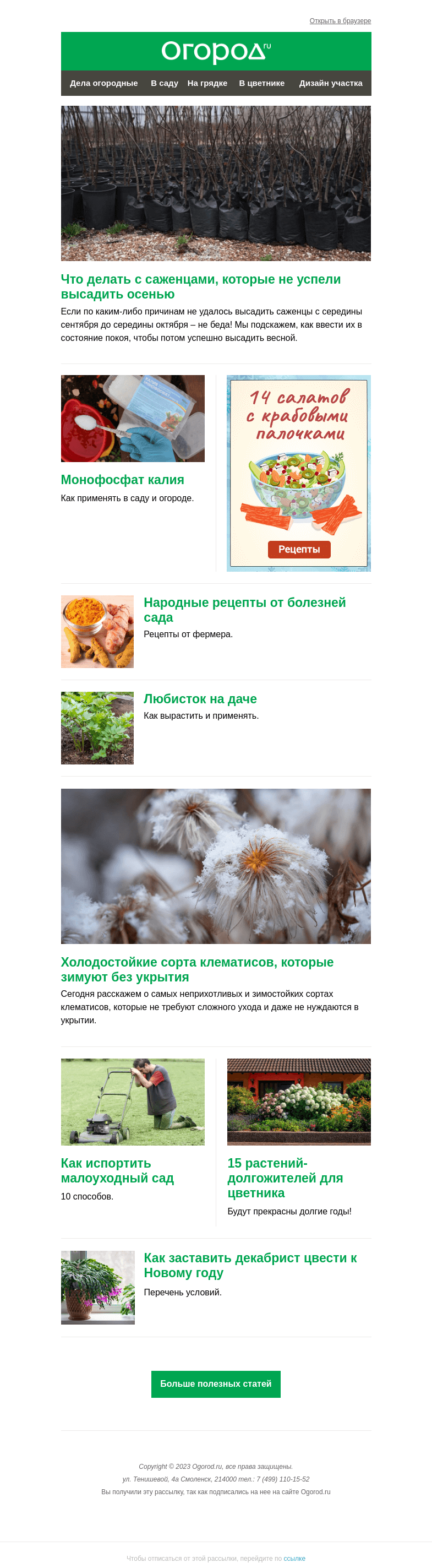 Письмо компании «Огород.ru» на тему «На Огород.ru: холодостойкие сорта клематисов как испортить малоуходный сад»