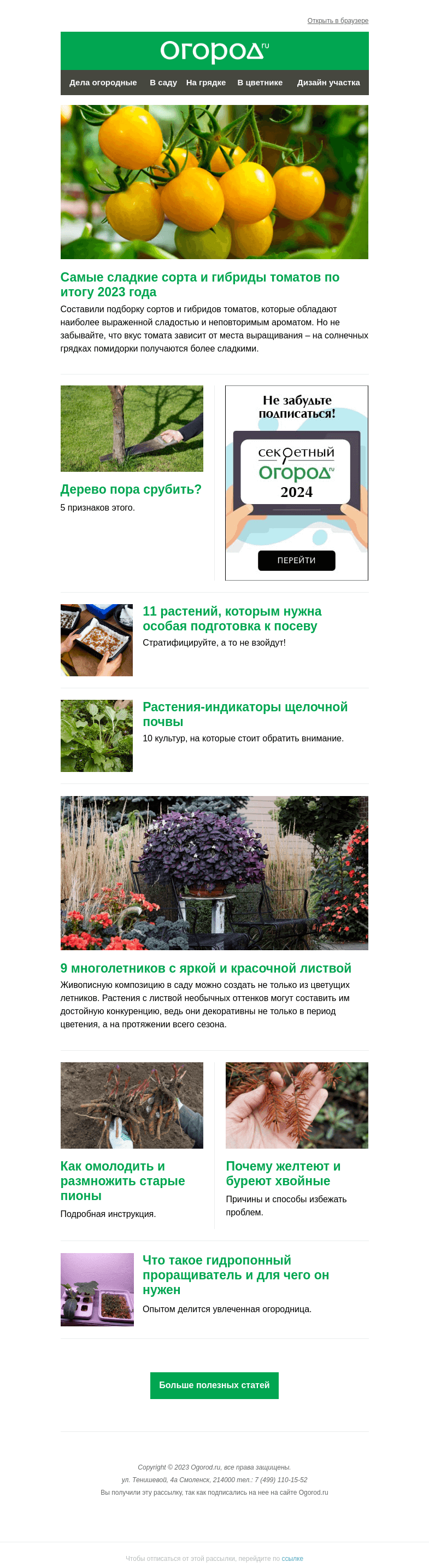 Письмо компании «Огород.ru» на тему «На Огород.ru: сладкие сорта томатов и многолетники с яркой листвой»