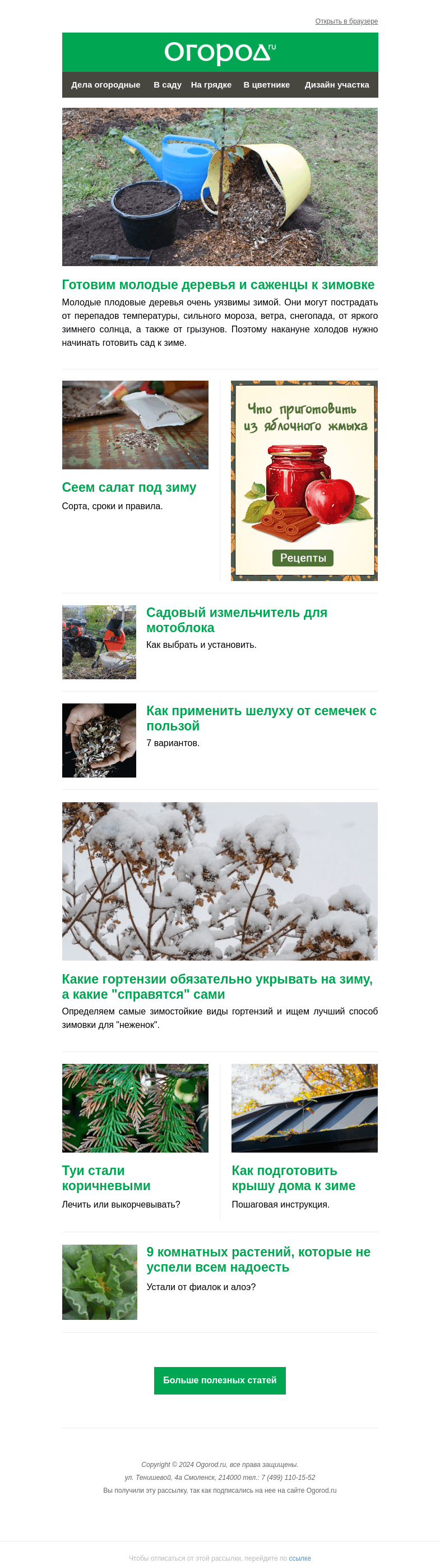 Письмо компании «Огород.ru» на тему «На Огород.ru: готовим к зиме деревца, цветы и крышу дома»
