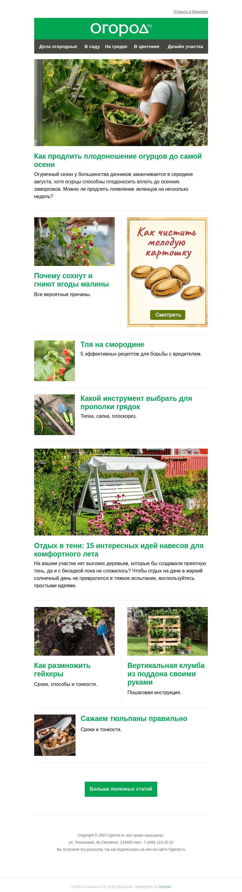 Письмо компании «Огород.ru» на тему «На Огород.ru: как продлить плодоношение огурцов и размножить гейхеры»