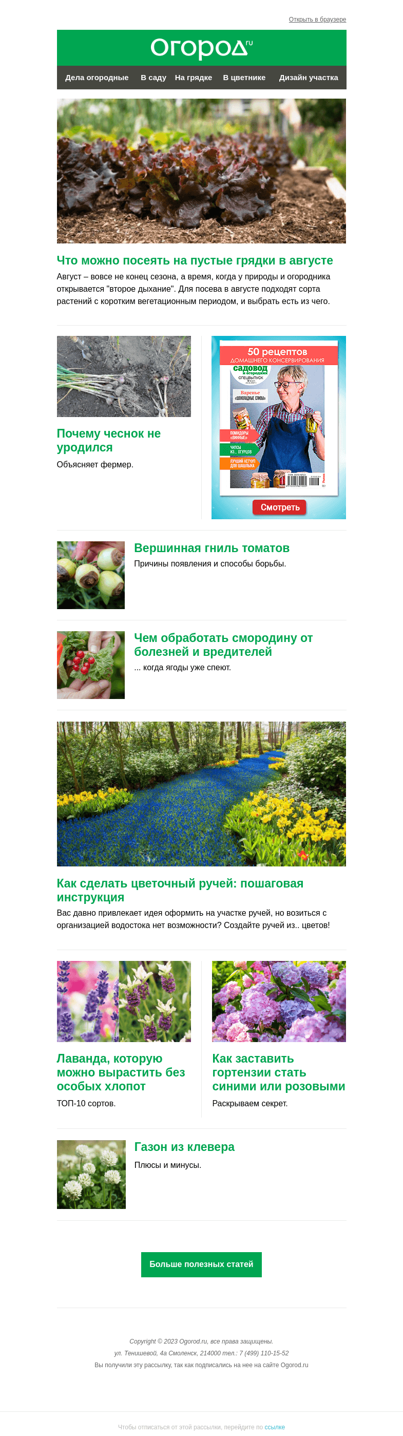 Письмо компании «Огород.ru» на тему «На Огород.ru: почему не уродился чеснок и как сделать цветочный ручей»
