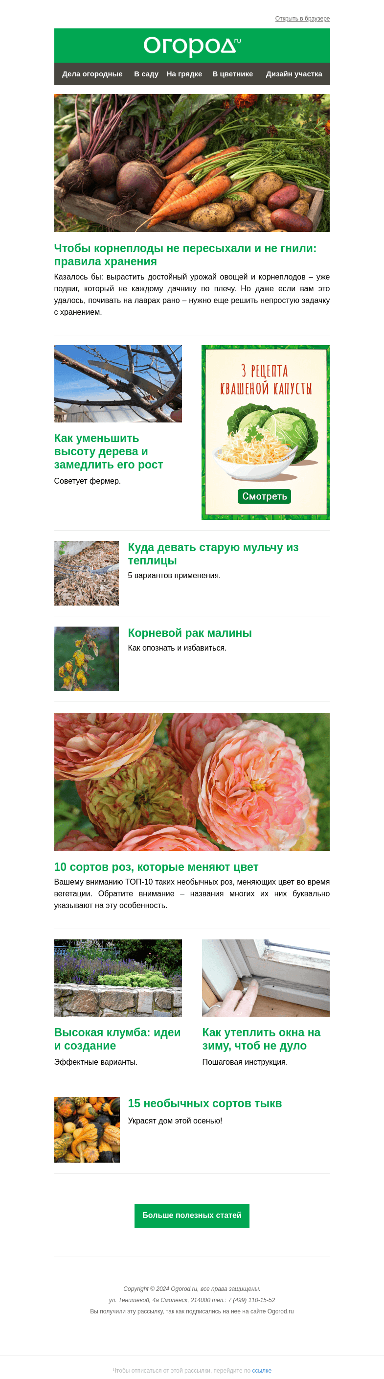 Письмо компании «Огород.ru» на тему «На Огород.ru: правила хранения корнеплодов и меняющие цвет розы»