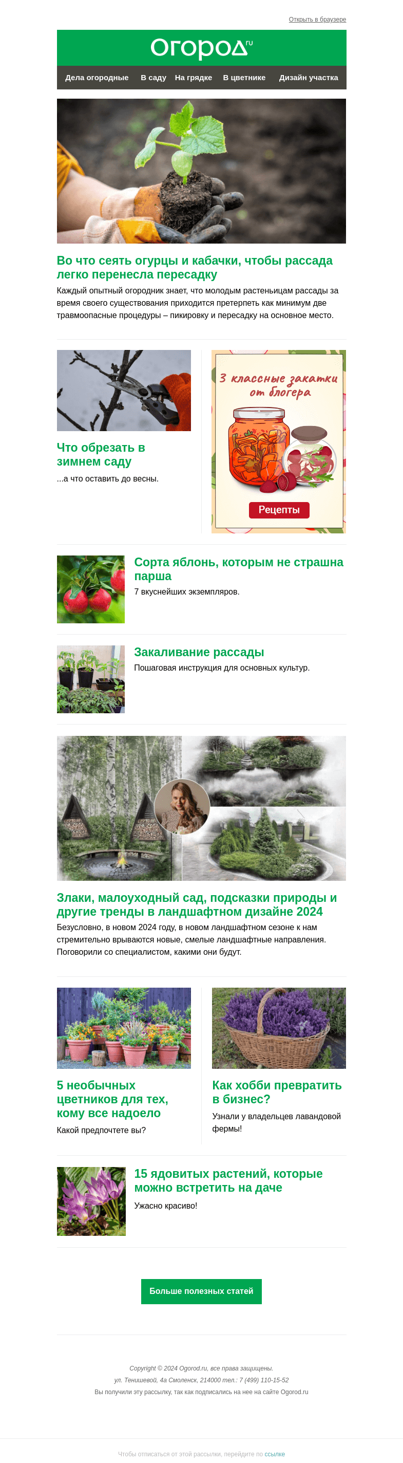 Письмо компании «Огород.ru» на тему «На Огород.ru: закаливание рассады и тренды ландшафтного дизайна 2024»