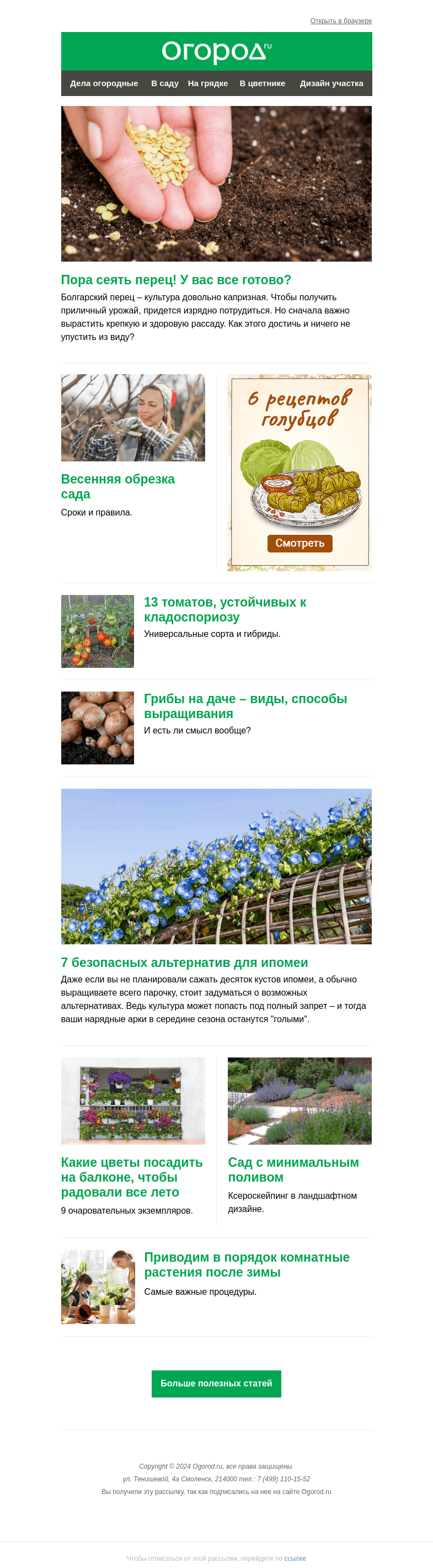 Письмо компании «Огород.ru» на тему «На Огород.ru: посев перца и растения-альтернативы ипомее»