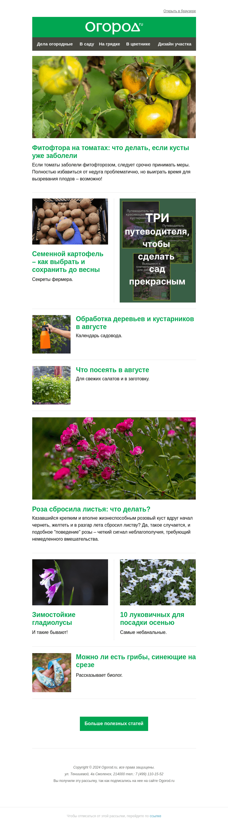 Письмо компании «Огород.ru» на тему «На Огород.ru: замедляем фитофтороз и выбираем луковичные для цветника»