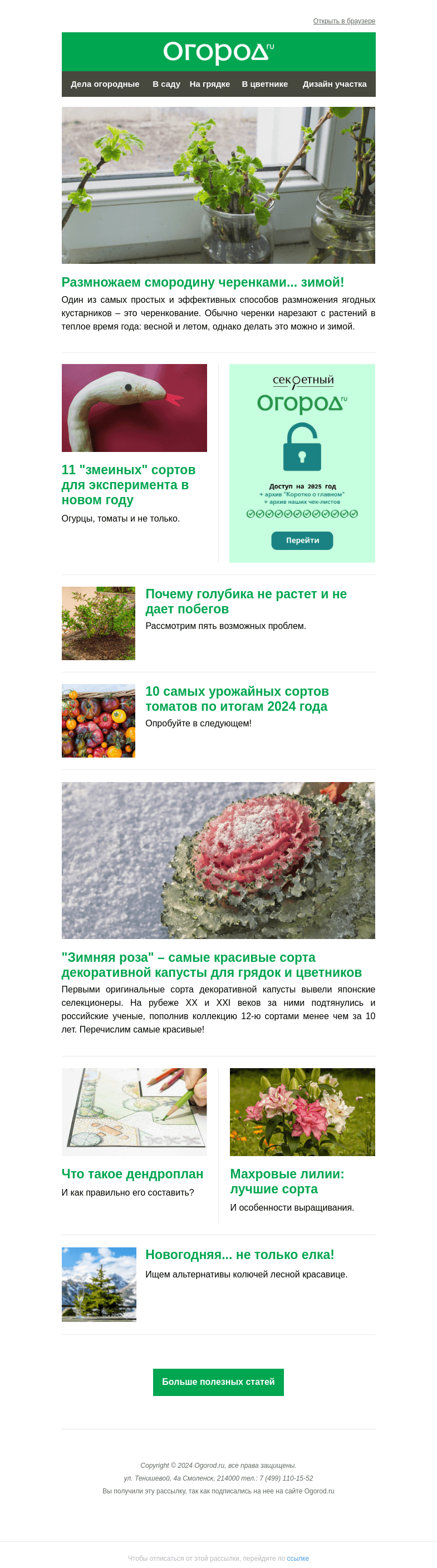 Письмо компании «Огород.ru» на тему «На Огород.ru: змеиные сорта овощей и альтернатива елке»