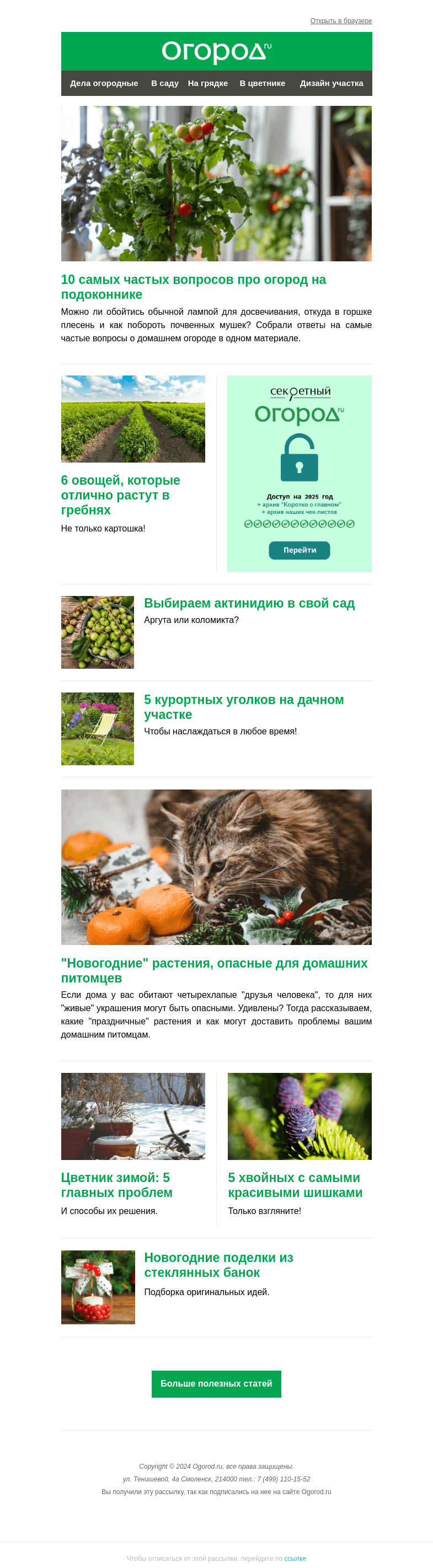 Письмо компании «Огород.ru» на тему «На Огород.ru: подсвечник из банки и какие 🎄 опасны для кота»