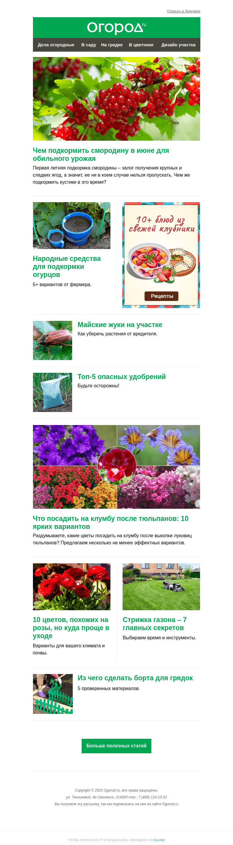 Письмо компании «Огород.ru» на тему «На Огород.ru: июньская подкормка смородины и что посадить после тюльпанов»