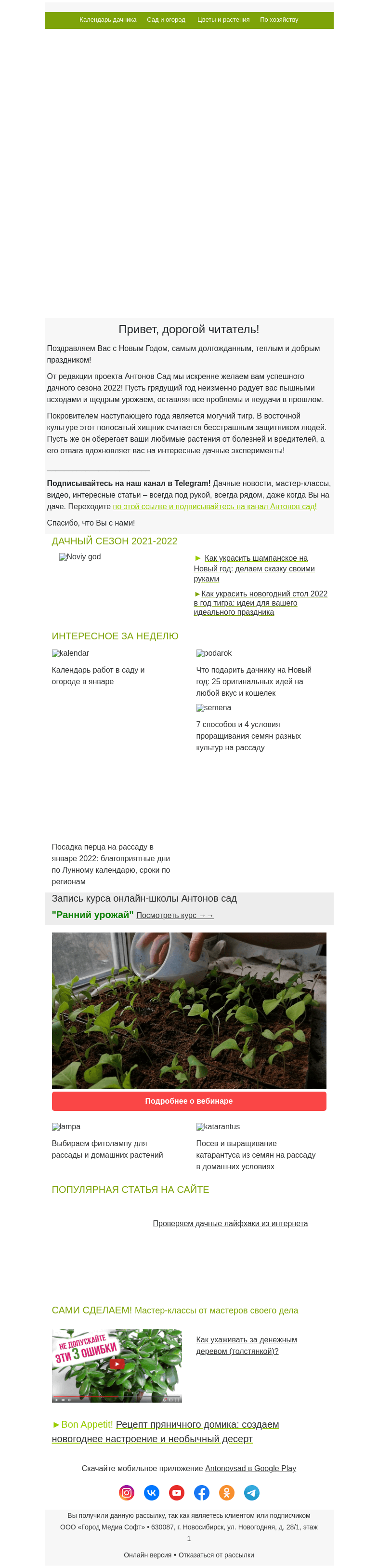 Письмо компании «Antonov» на тему «🎅🎄Новогодний дайджест для дачников и садоводов! С наступающим!»