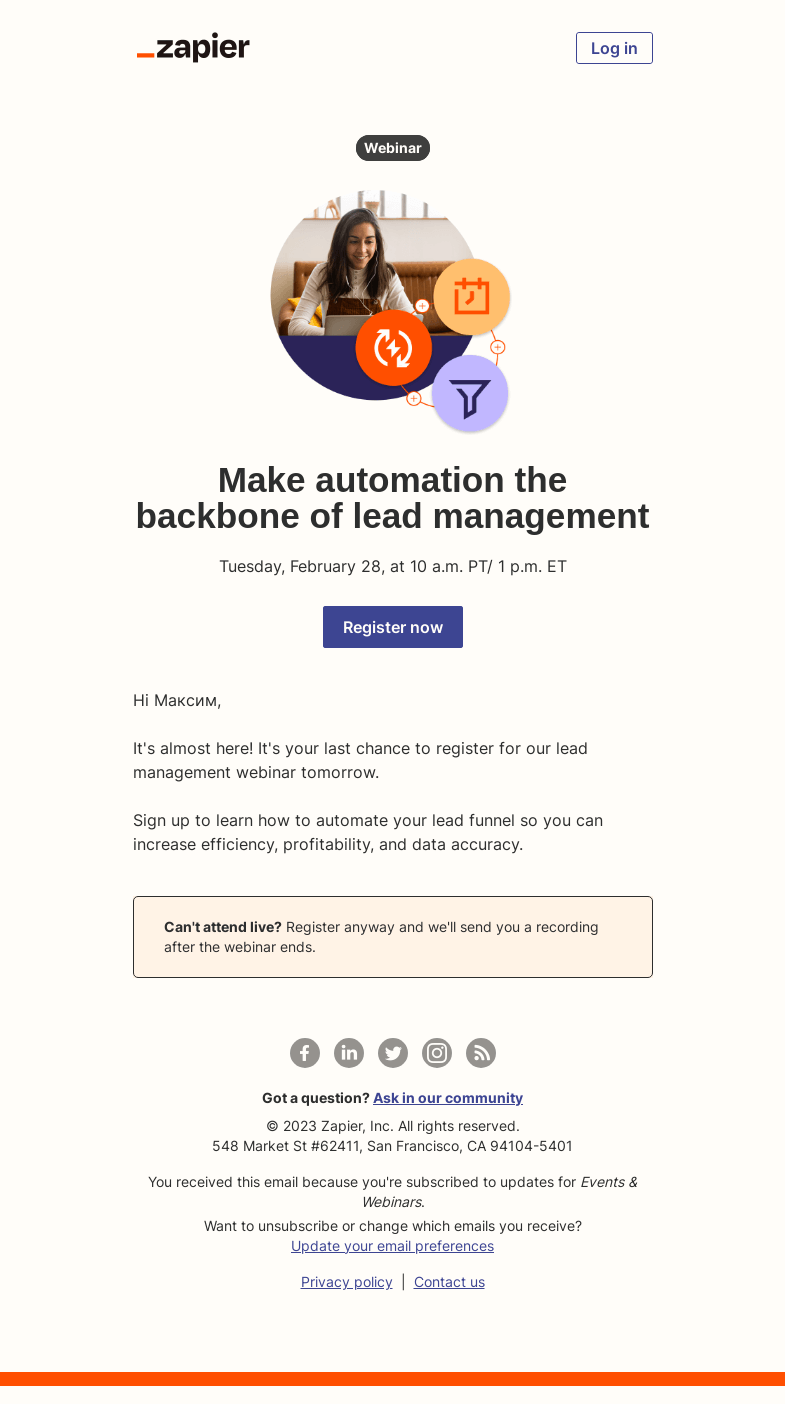 Письмо компании «Zapier» на тему «[Last chance] Learn how to scale lead management»