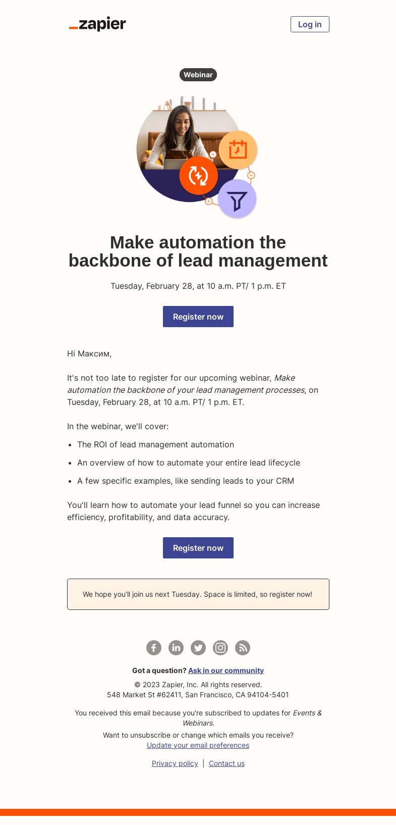 Письмо компании «Zapier» на тему «[LIVE] Discover how to build an automated lead funnel»