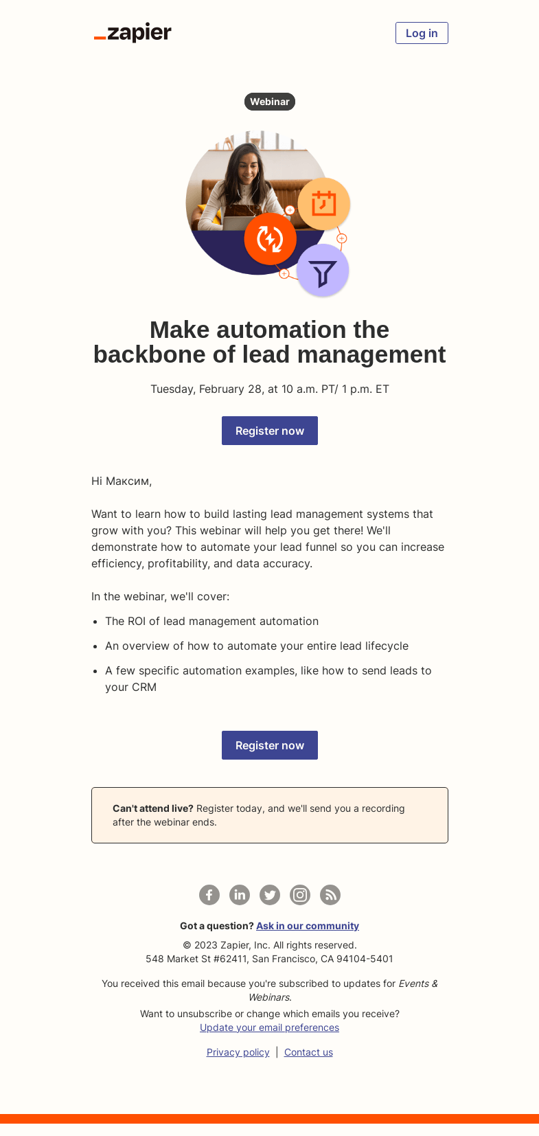 Письмо компании «Zapier» на тему «[Webinar] Make automation the backbone of lead management»