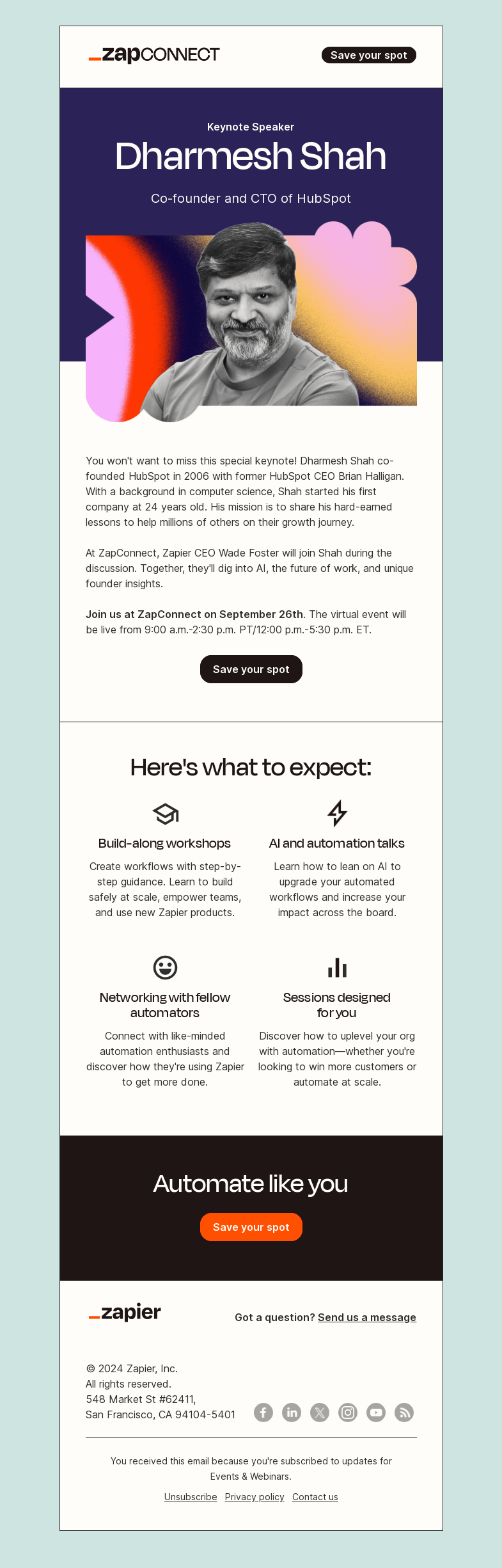 Письмо компании «Zapier» на тему «🥁 And ZapConnect's keynote speaker is...»