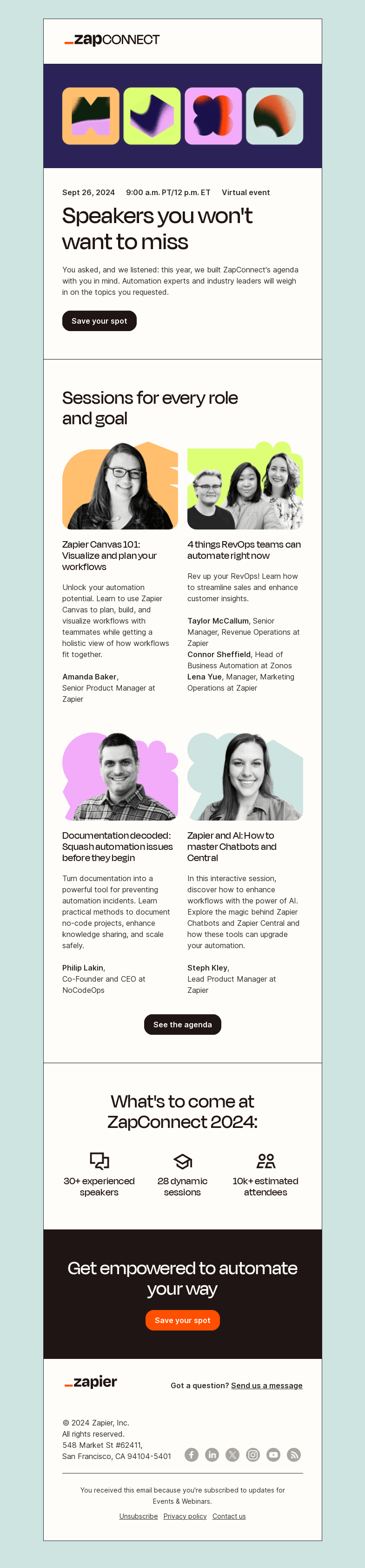 Письмо компании «Zapier» на тему «6 ZapConnect speakers we're excited about»
