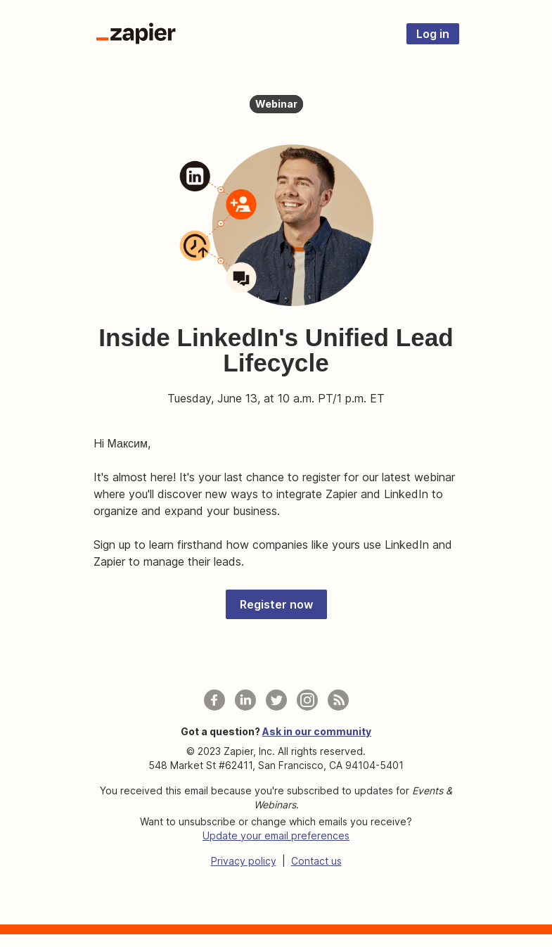 Письмо компании «Zapier» на тему «Join us LIVE for lead management with LinkedIn tomorrow»