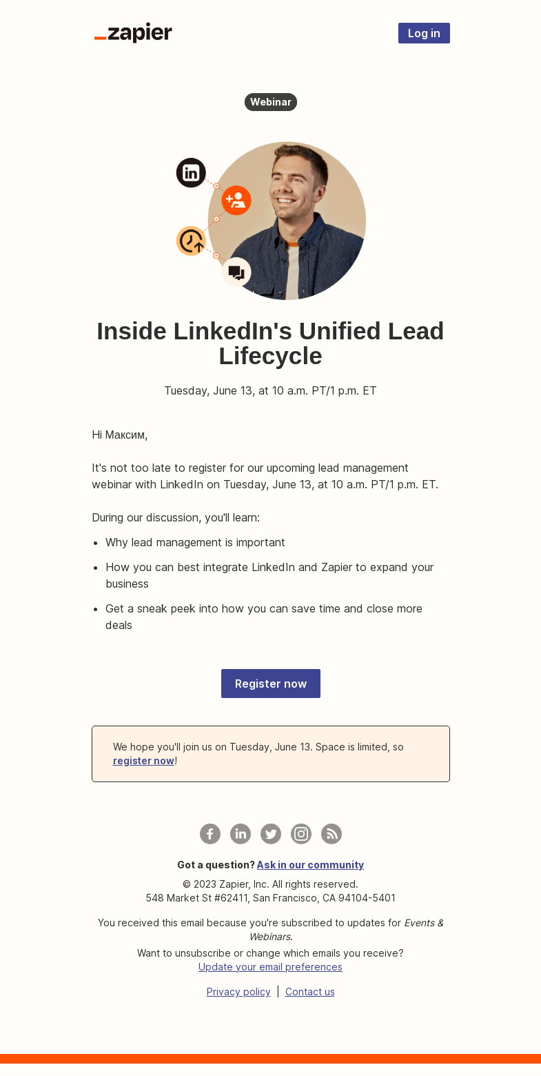 Письмо компании «Zapier» на тему «Join our lead management webinar LIVE next Tuesday»