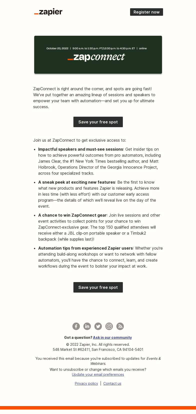 Письмо компании «Zapier» на тему «ZapConnect seats are going fast!»