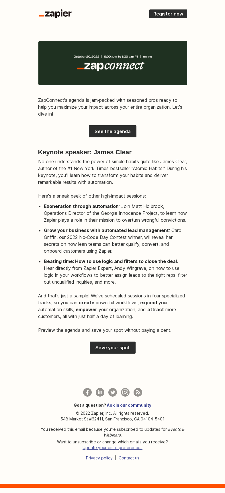 Письмо компании «Zapier» на тему «The ZapConnect agenda is live—take a peek!»