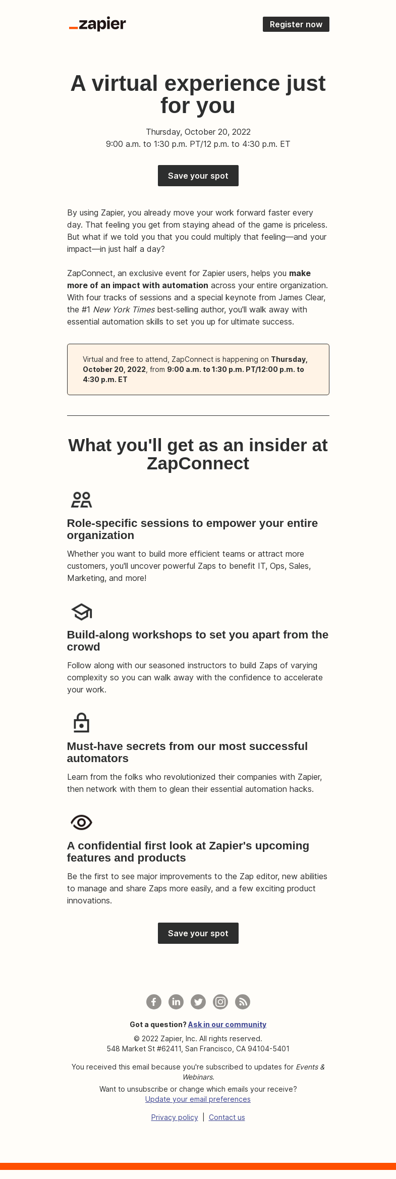 Письмо компании «Zapier» на тему «⏰ The countdown to ZapConnect begins…»