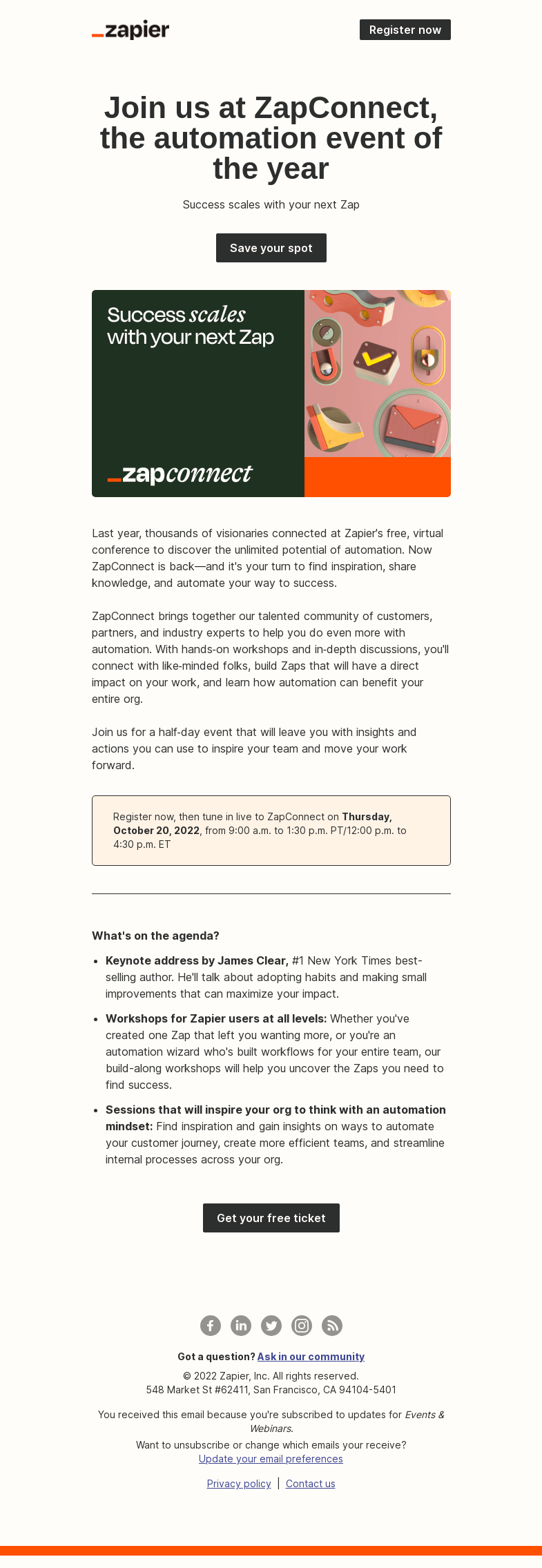 Письмо компании «Zapier» на тему «ZapConnect is back—you're invited!»