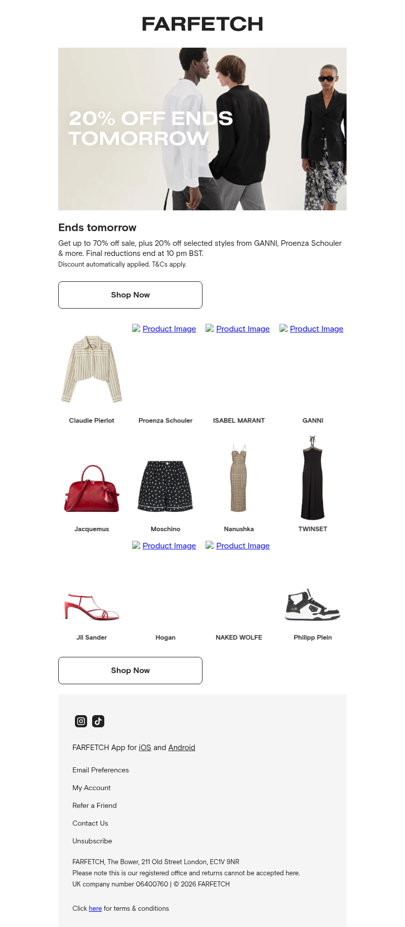 Письмо компании «FARFETCH» на тему «20% off sale — ends tomorrow»