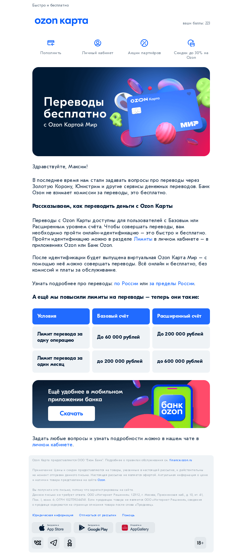 Письмо компании «Ozon Карта» на тему «Как совершать переводы с Ozon Карты»