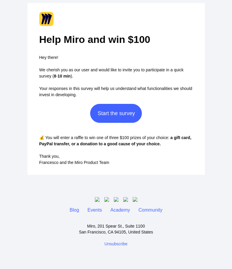 Письмо компании «Miro» на тему «Help Miro and win $100»