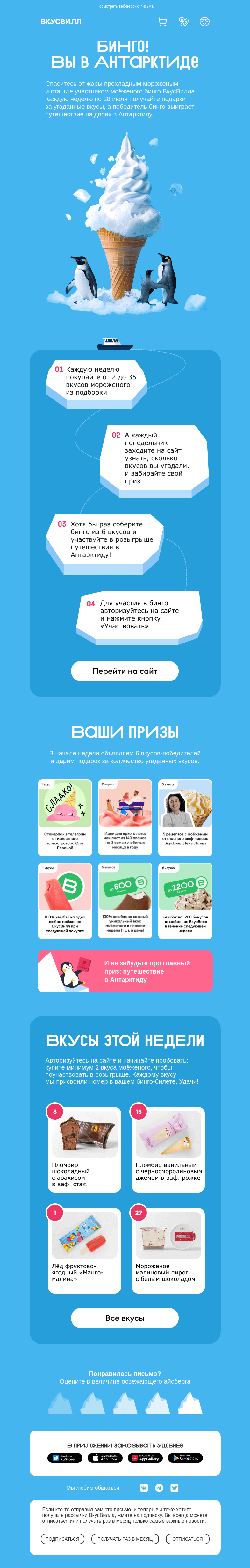 Письмо компании «ВкусВилл» на тему «Бинго! Вы в Антарктиде🍦»
