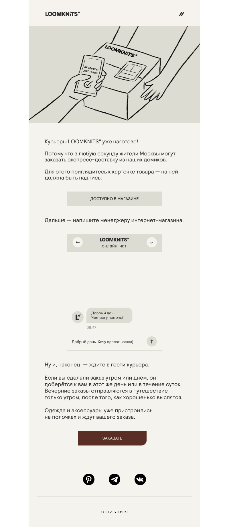 Письмо компании «loomknits» на тему «Экспресс-доставка по Москве»