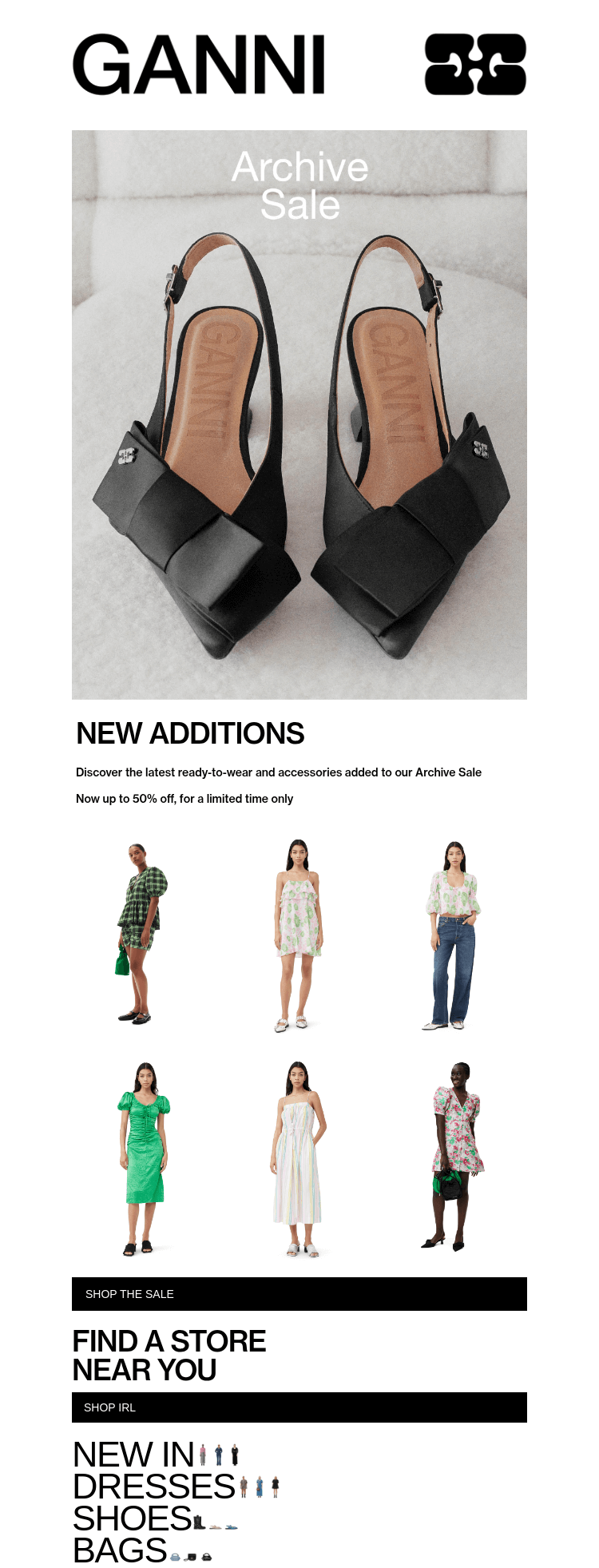 Письмо компании «GANNI» на тему «The Archive Sale | New Styles Added»