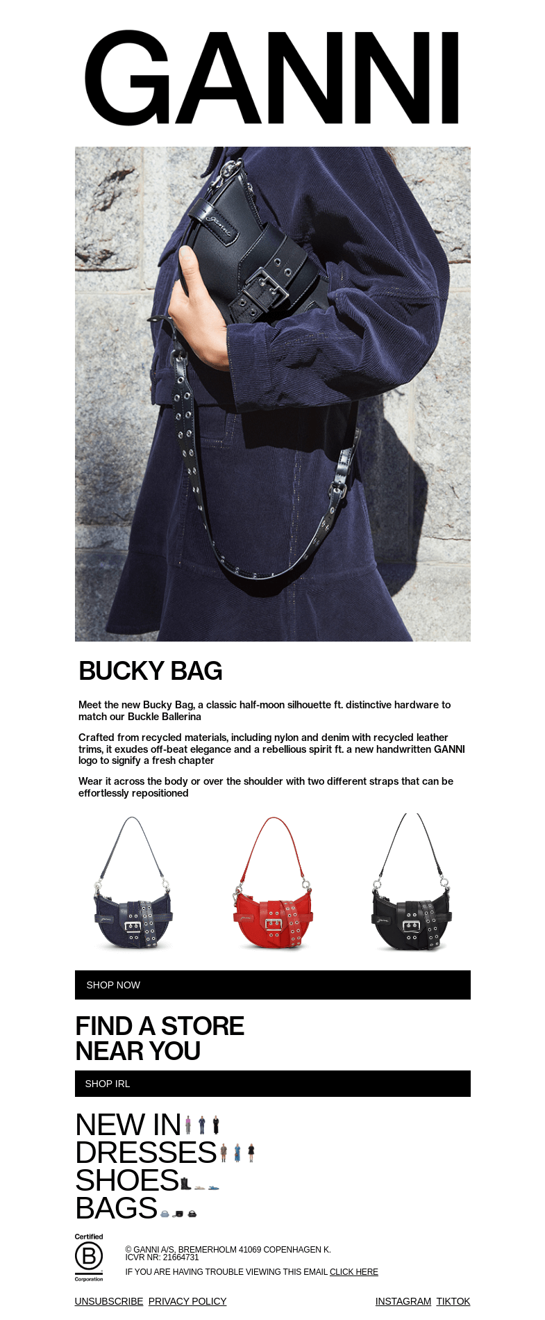 Письмо компании «GANNI» на тему «INTRODUCING: THE NEW BUCKY BAG»