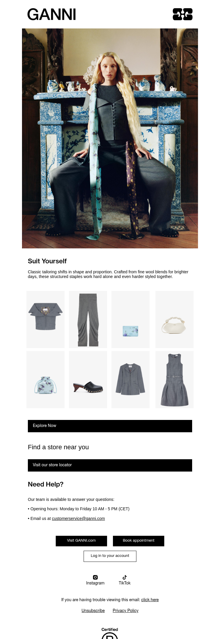 Письмо компании «GANNI» на тему «Tailored For Spring»