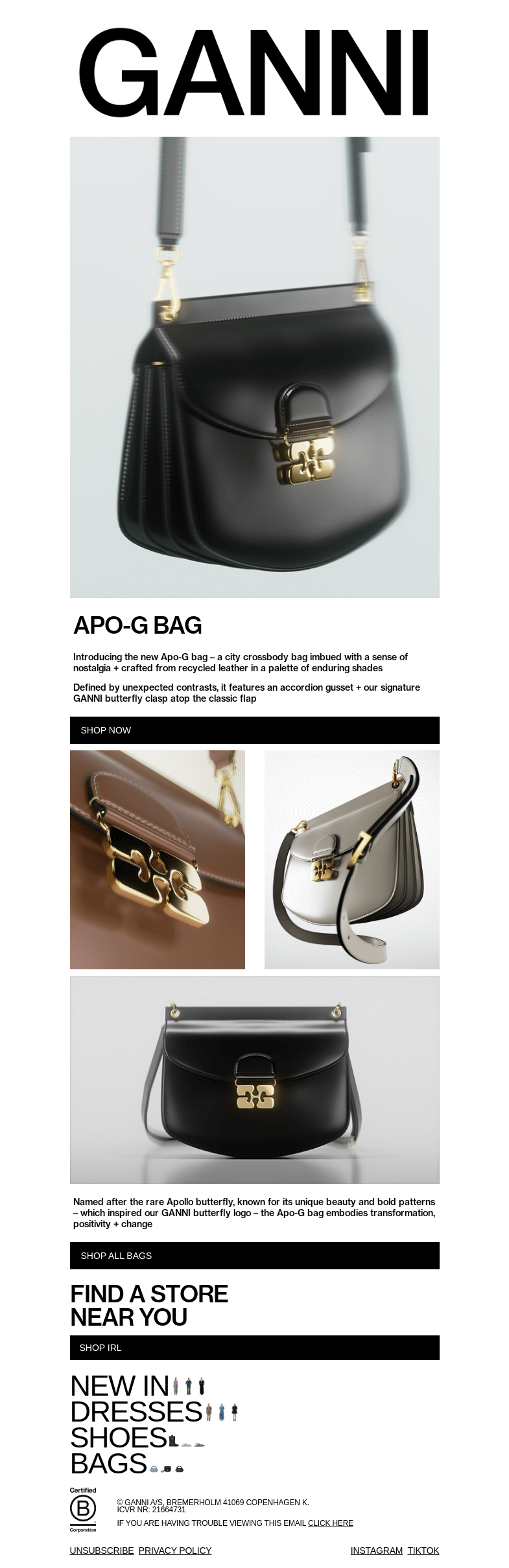Письмо компании «GANNI» на тему «INTRODUCING: THE APO-G BAG»