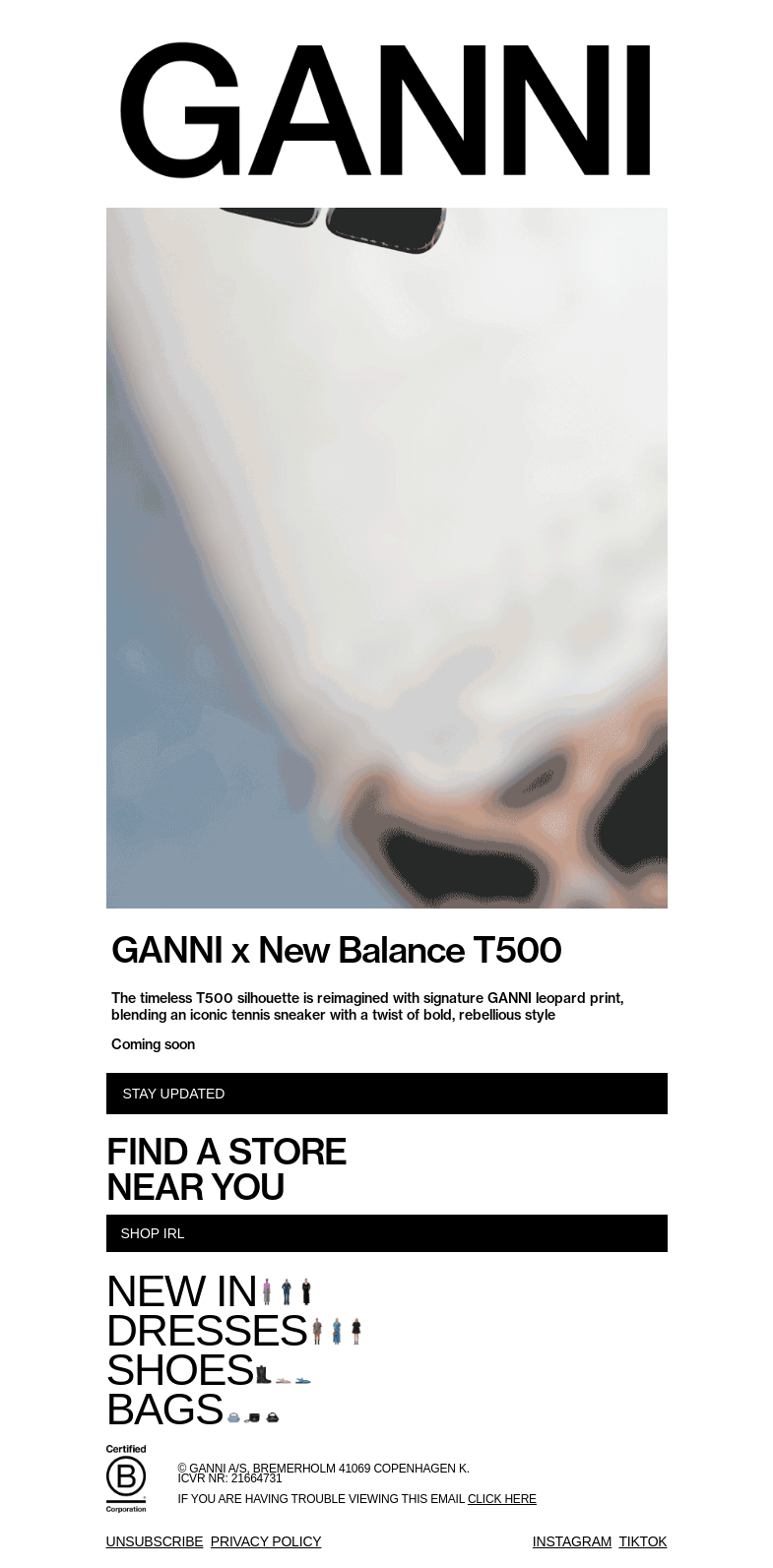 Письмо компании «GANNI» на тему «COMING SOON: GANNI x New Balance T500»