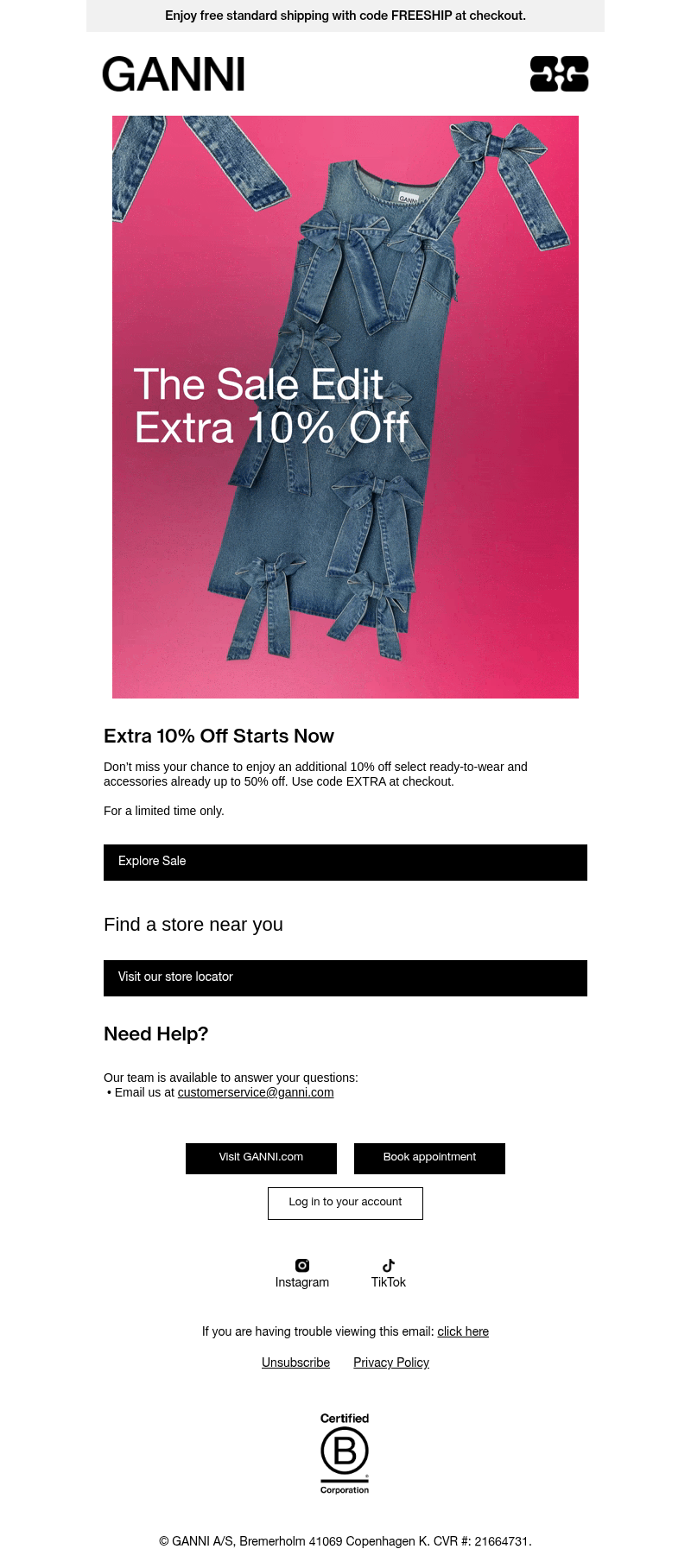 Письмо компании «GANNI» на тему «Extra 10% Off Starts Now»