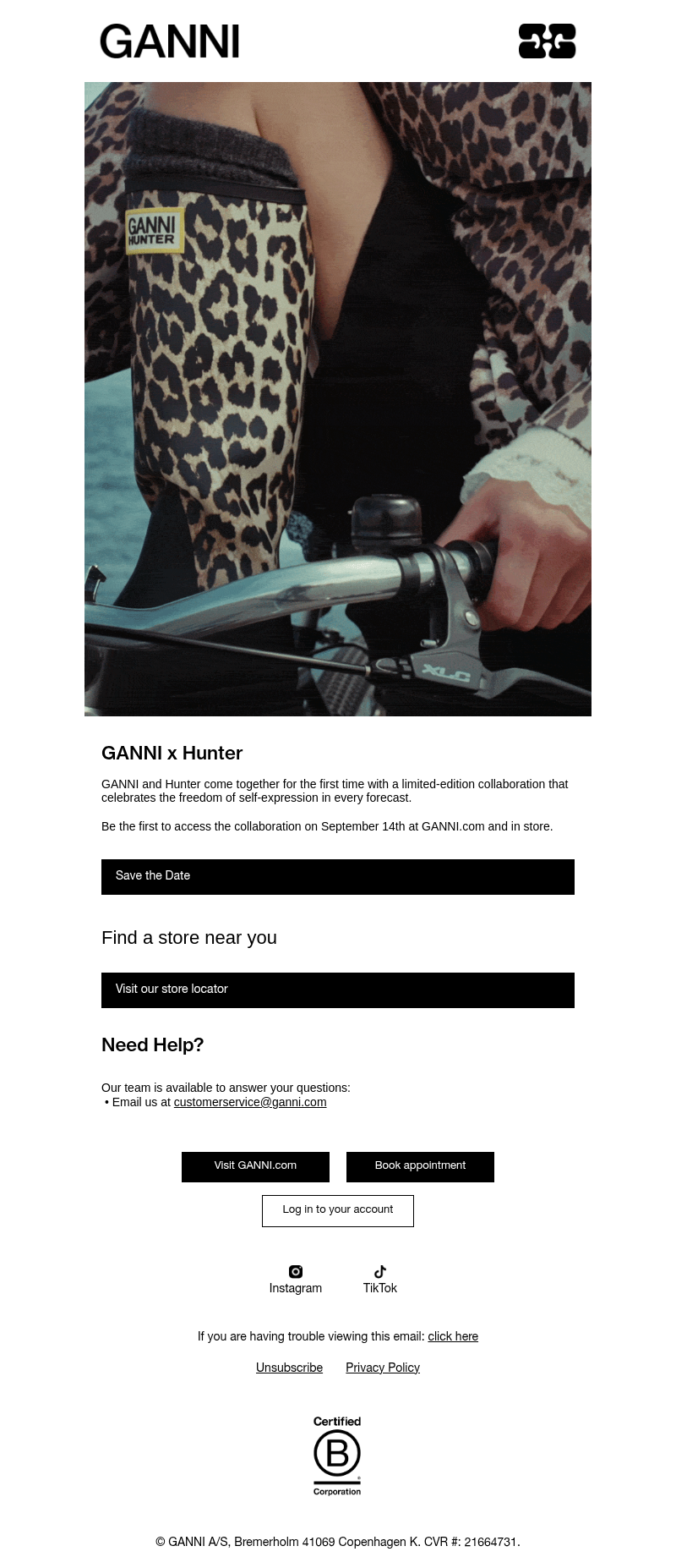 Письмо компании «GANNI» на тему «Coming Soon: GANNI x Hunter»
