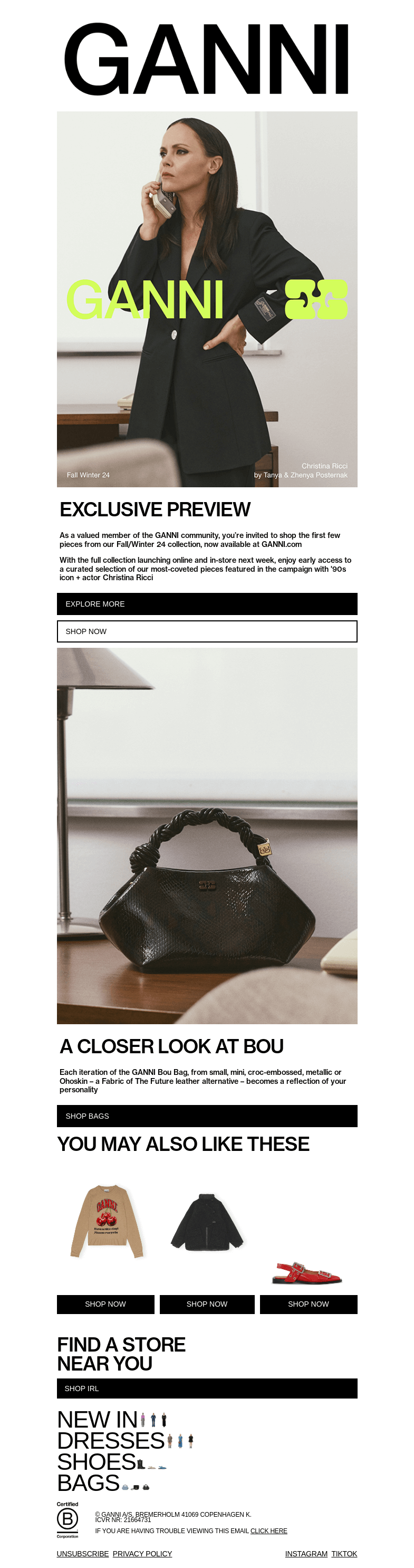 Письмо компании «GANNI» на тему «EXCLUSIVE PREVIEW: FALL/WINTER 24»