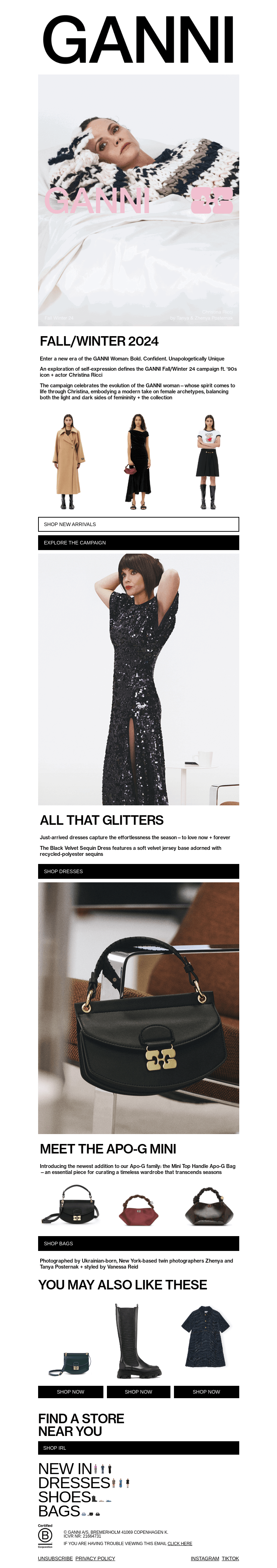 Письмо компании «GANNI» на тему «JUST IN: FALL/WINTER 24 HAS ARRIVED»