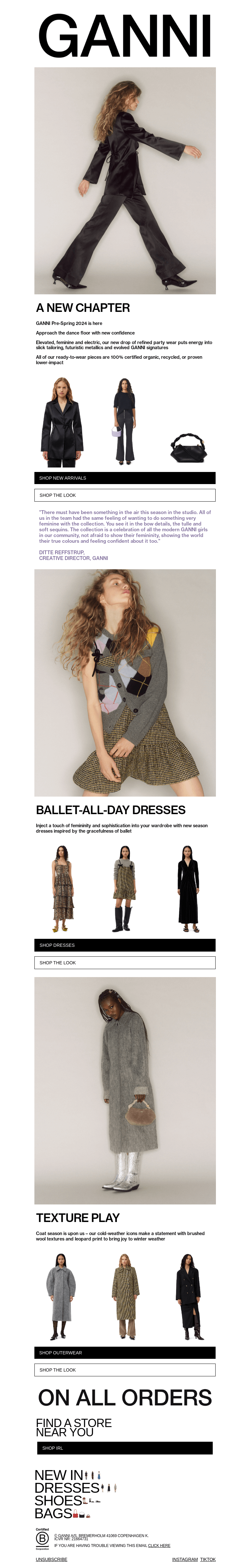 Письмо компании «GANNI» на тему «NEW ARRIVALS: OUR BALLET-CORE COLLECTION IS HERE 🩰🎀»