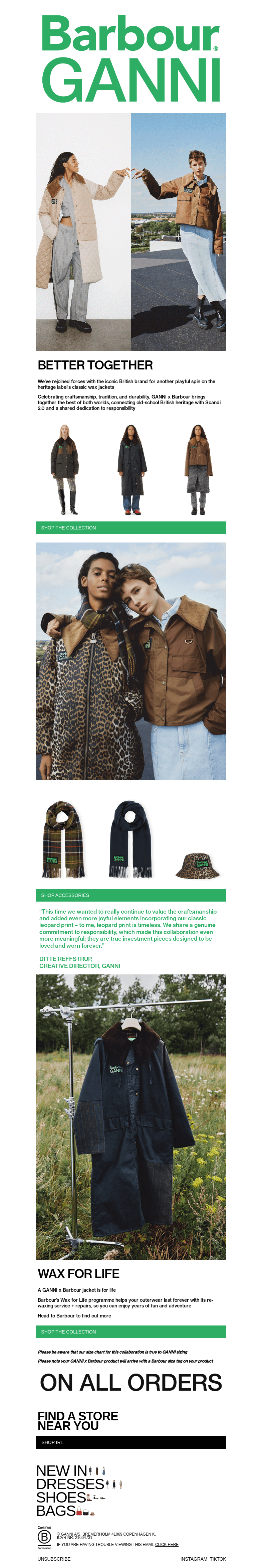 Письмо компании «GANNI» на тему «JUST DROPPED: GANNI x BARBOUR IS BACK 💚»
